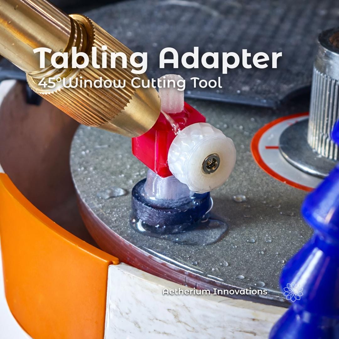 45-degree dop table adapter in use on a faceting lap machine, holding a gemstone dop at a fixed angle against a diamond lap for cutting a flat table surface. Red polymer adapter mounted to a brass faceting handpiece with coolant water on the spinning lap. Overlay text reads “Tabling Adapter – 45° Window Cutting Tool.” Precision lapidary tool designed for 6 mm dop systems such as Vevor faceting machines.