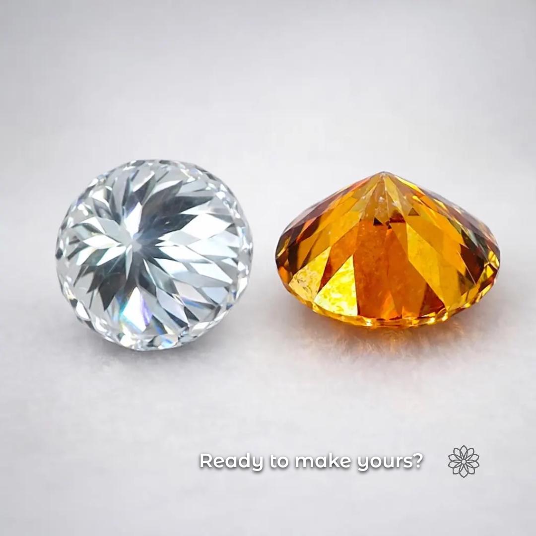 Two finished faceted gemstones displayed on a neutral background, one clear and one amber colored. Text on image reads “Ready to make yours?” Image represents the final result of precision gemstone faceting using proper lapidary tools such as dop sticks and faceting machines.