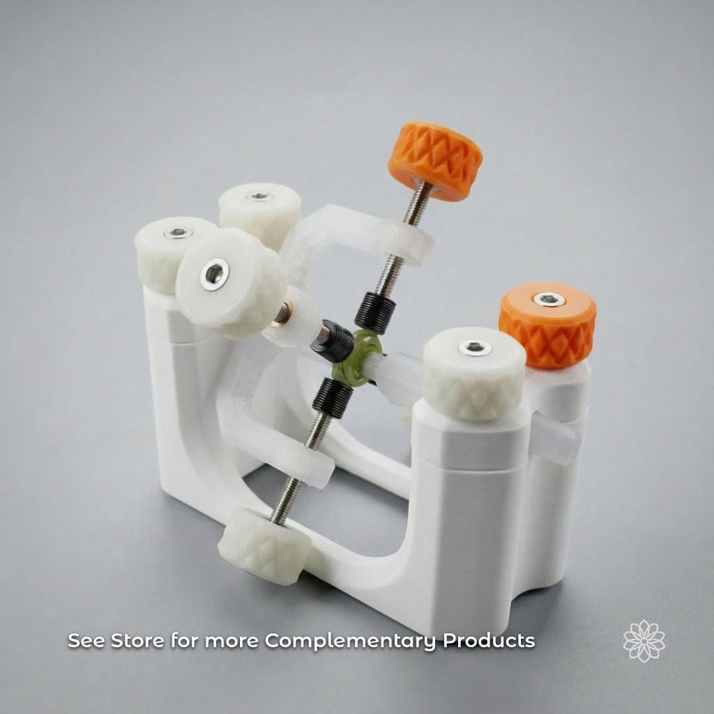 Gemstone transfer jig holding a dop stick with an epoxy-mounted green peridot gemstone between alignment screws. Text on image reads “See Store for more Complementary Products.” Example of lapidary setup used for transferring stones between dop sticks during faceting. Compatible with 6 mm dop systems used on Vevor and similar faceting machines.