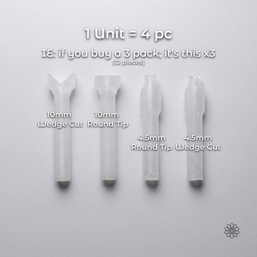 Four polycarbonate dop sticks displayed individually with size labels. Text on image reads “1 Unit = 4 pc – If you buy a 3 pack, it’s this x3 (12 pieces).” Individual labels show “10mm Wedge Cut,” “10mm Round Tip,” “4.5mm Round Tip,” and “4.5mm Wedge Cut.” Transparent faceting dop sticks for gemstone mounting in 6 mm lapidary faceting machines.