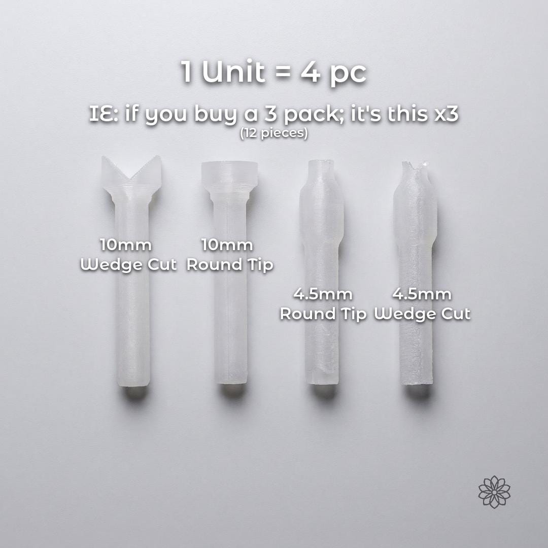 Four polycarbonate dop sticks displayed individually with size labels. Text on image reads “1 Unit = 4 pc – If you buy a 3 pack, it’s this x3 (12 pieces).” Individual labels show “10mm Wedge Cut,” “10mm Round Tip,” “4.5mm Round Tip,” and “4.5mm Wedge Cut.” Transparent faceting dop sticks for gemstone mounting in 6 mm lapidary faceting machines.