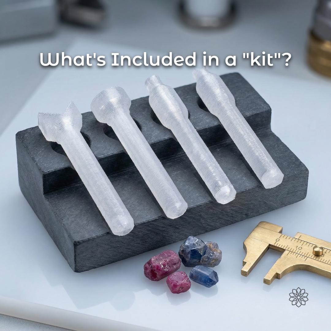 Set of four transparent polycarbonate faceting dop sticks displayed in a holder with rough gemstones and a brass caliper. Text on image reads “What’s Included in a Kit?” The kit contains multiple dop sizes for gemstone faceting, shaping, and polishing. Designed for universal 6 mm quill faceting machines used in lapidary work.