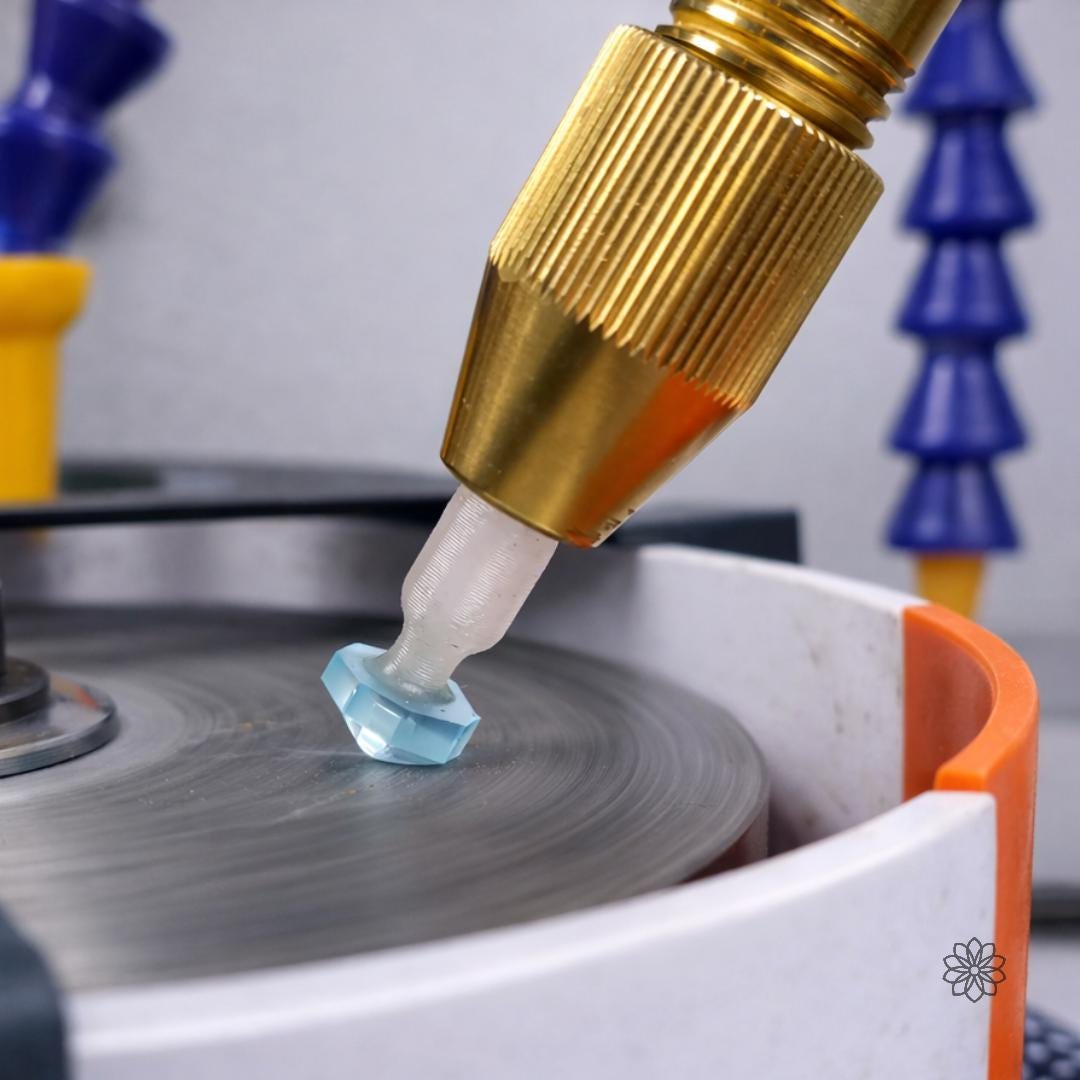 Brass faceting handpiece holding a translucent dop stick and light blue faceted gemstone against a spinning lap disk inside a faceting machine basin. The close-up shows gemstone cutting in progress and the basin area where the lap disk cover helps block spray, slurry, and debris.