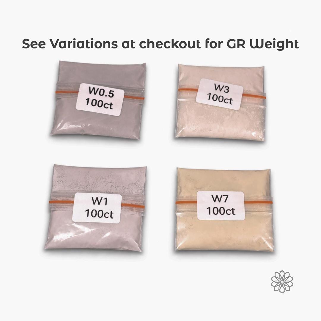 Four bags of micron-graded diamond polishing powder labeled W0.5 100ct, W3 100ct, W1 100ct, and W7 100ct. Text above reads “See Variations at checkout for GR Weight.” Synthetic diamond abrasive powders used for lapidary polishing, gemstone finishing, sharpening compounds, and precision polishing applications.