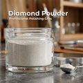 Diamond polishing powder in a clear glass jar labeled “Diamond Powder Professional Polishing Grits,” fine synthetic diamond abrasive used for precision polishing of gemstones, metal, glass, ceramics, and optics. Micron-graded diamond micro powder for lapidary polishing, knife sharpening compounds, jewelry finishing, and mirror-finish abrasive applications.