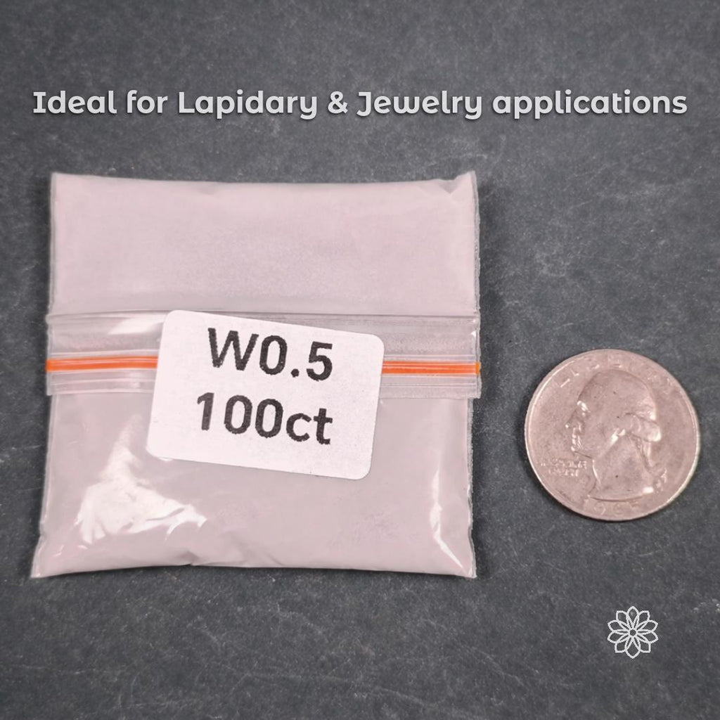 Synthetic diamond micro powder packaged in a small plastic bag labeled W0.5 100ct, shown beside a U.S. quarter for size reference. Ultra-fine micron-graded diamond polishing powder used for lapidary gemstone polishing, metal finishing, knife sharpening strops, glass restoration, and precision mirror-finish polishing across hard materials.