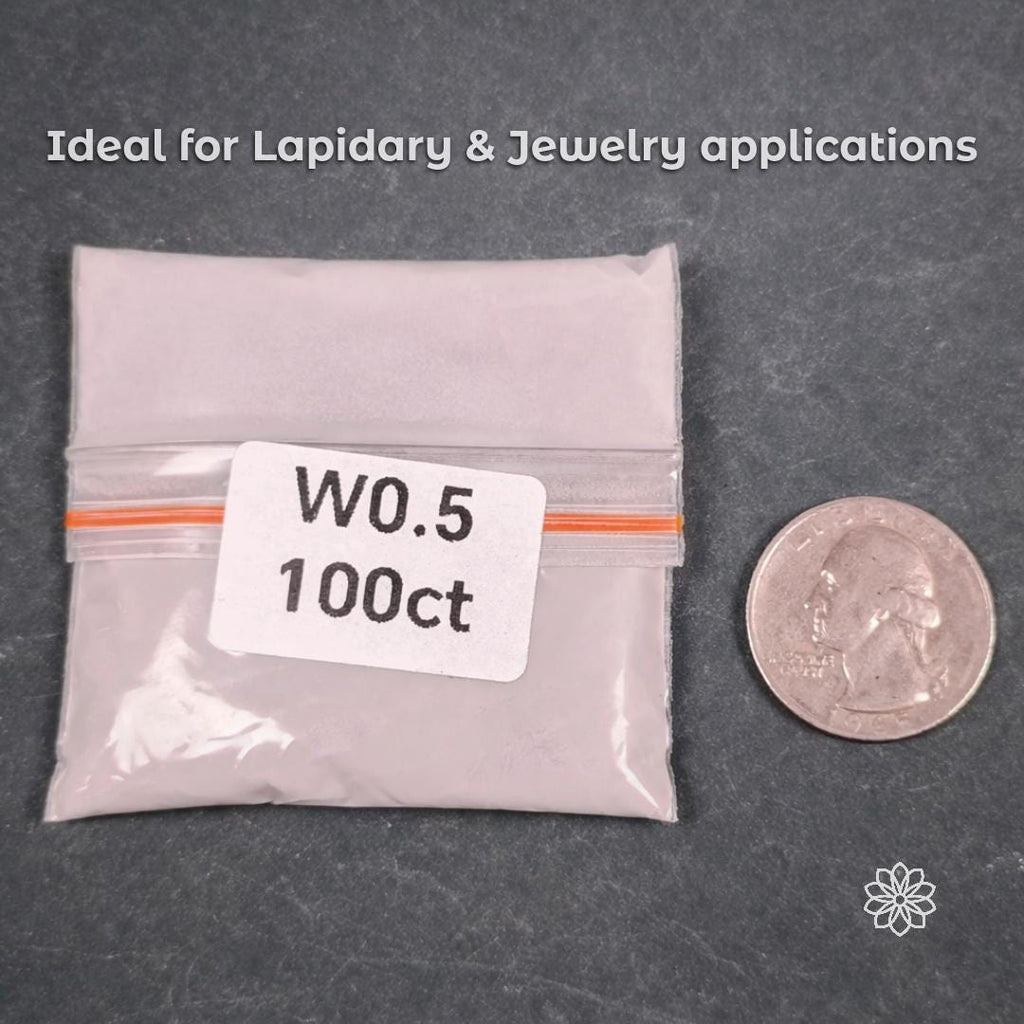 Synthetic diamond micro powder packaged in a small plastic bag labeled W0.5 100ct, shown beside a U.S