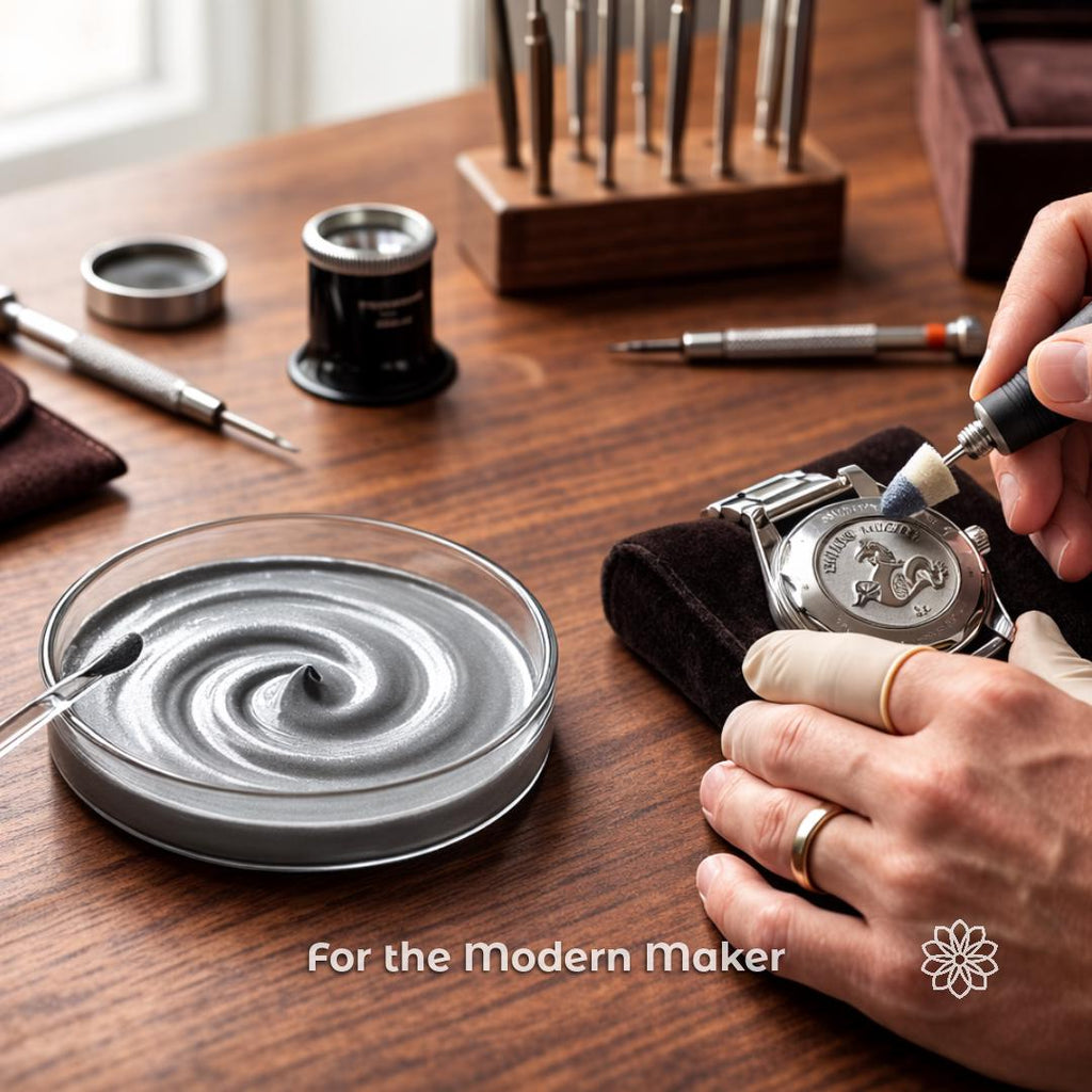 Watchmaker polishing a metal watch case with a rotary tool and diamond polishing compound beside a dish of grey polishing paste. Text overlay reads “For the modern maker.” Demonstrates diamond abrasive used for jewelry polishing, metal finishing, watch restoration, and precision mirror polishing.