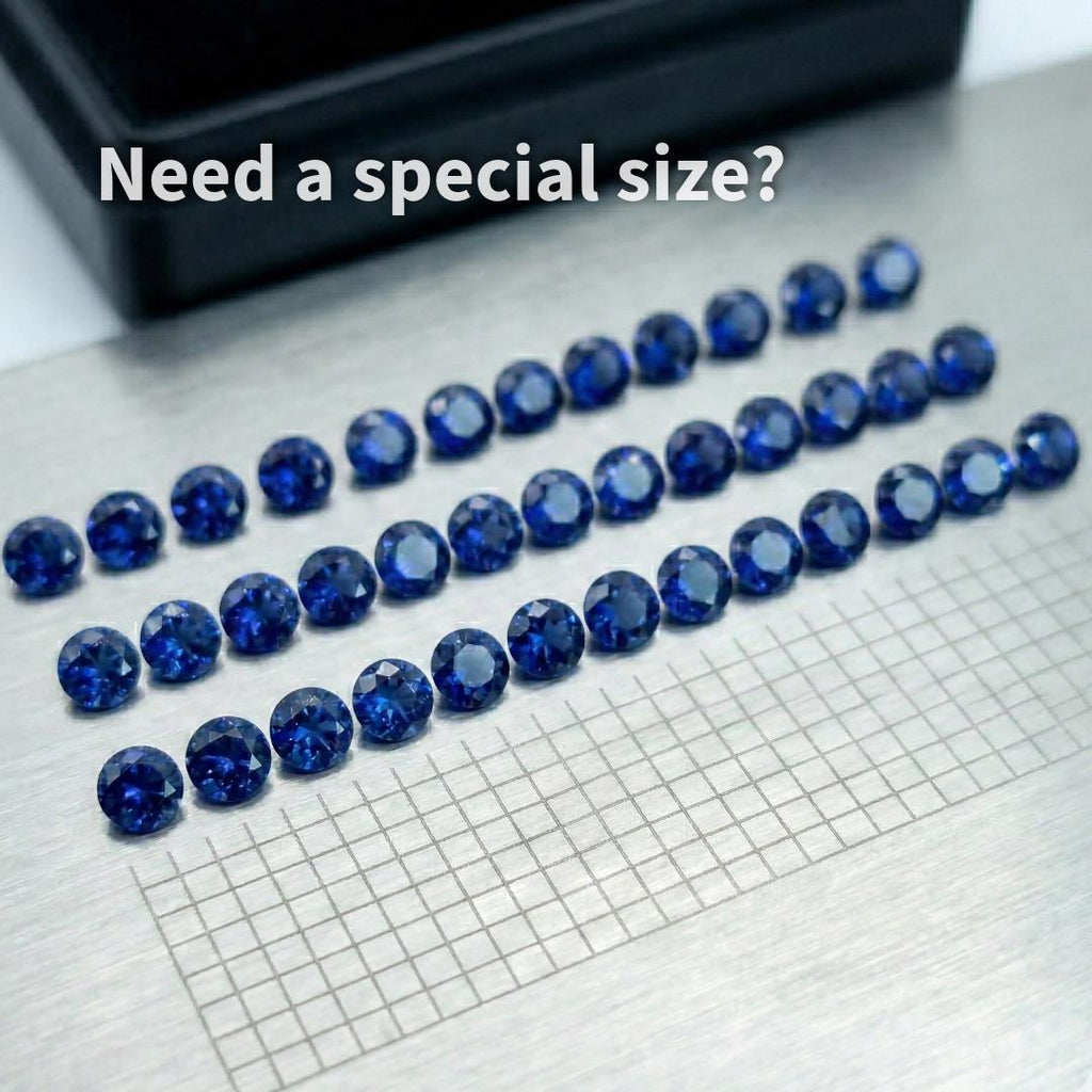 Close-up image of a ring featuring blue kunzite accent stones set alongside clear stones in a band. The 2 mm lab-grown gemstones show a soft blue-violet color and are used in a channel-style setting. Overlay text references custom sizing and lead times, with Aetherium Innovations branding visible in the image.