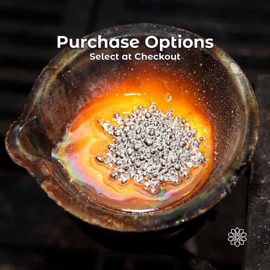 Silver casting grain heating in a crucible with molten center and surrounding beads, text overlay reads “Purchase Options Select at Checkout,” representing available variations including fine silver and sterling kit for jewelry casting and metalworking applications