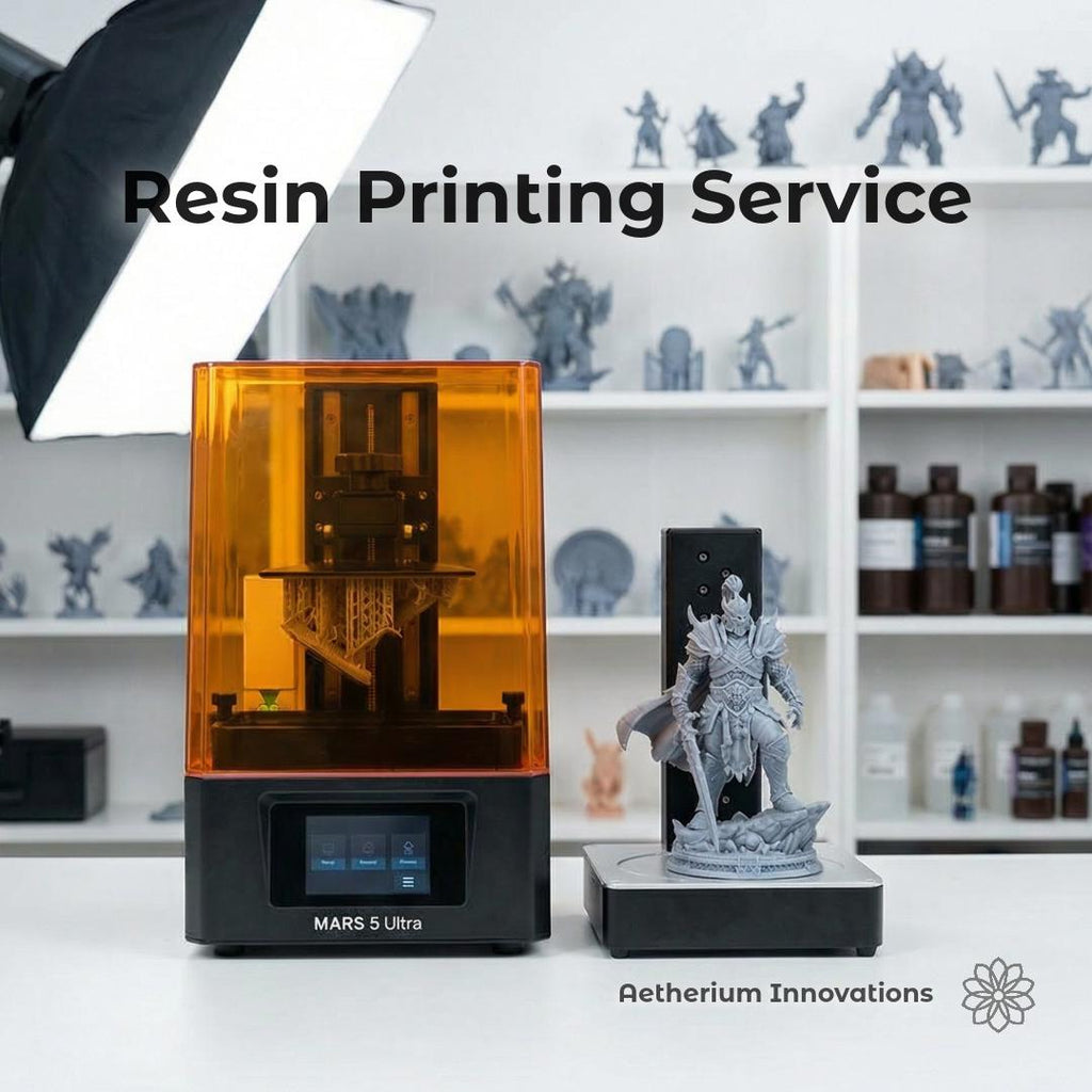 Resin 3D printing service setup featuring a desktop MSLA printer with amber cover and a highly detailed gray figurine on a display base. Workshop environment with shelves of printed miniatures and resin bottles in the background. Demonstrates high-detail small part production and clean surface finish compared to standard FDM printing.