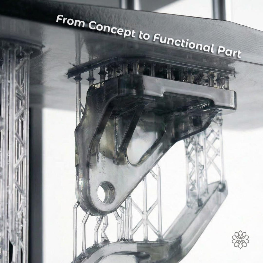 Clear resin printed mechanical component with internal supports and complex geometry, attached to a build plate during printing. Transparent photopolymer material reveals internal structure, demonstrating capability for functional prototypes and precision parts with intricate features and tight tolerances.