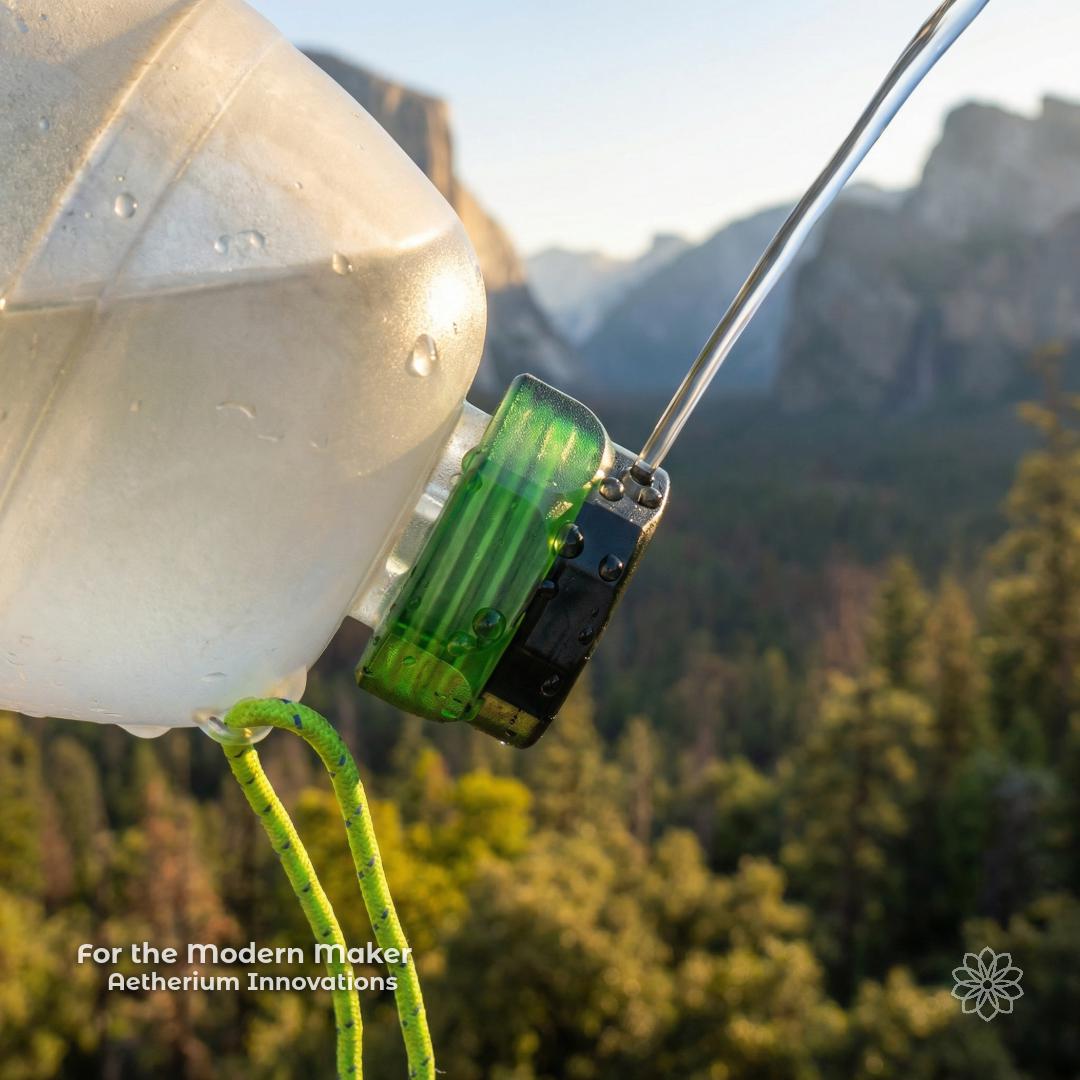 Outdoor scene showing a backpacking bottle bidet attached to a waterbottle against a mountainous landscape. Emphasizes real-world application for modern makers, linking precision resin parts to functional use in outdoor and practical environments.