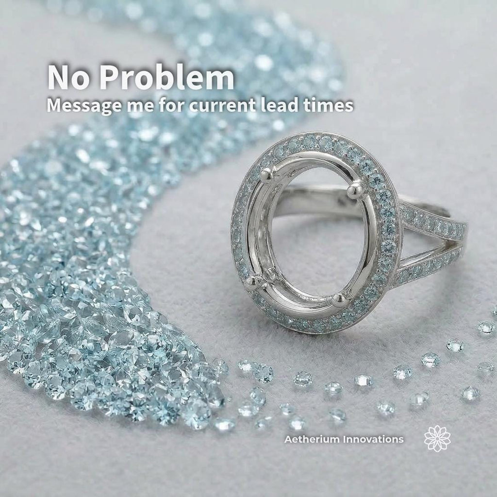 Image of a silver ring setting surrounded by 2 mm lab-grown aquamarine stones, demonstrating use in halo and accent stone designs. The light blue gemstones show consistent size and soft color, arranged for jewelry assembly. Overlay text references custom sizing and lead times, with Aetherium Innovations branding visible.