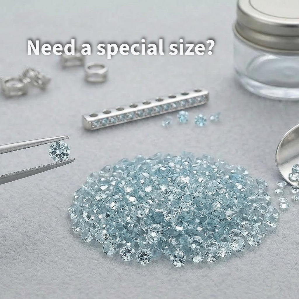 Workbench-style image showing 2 mm lab-grown aquamarine stones beside jewelry tools and a setting bar. One stone is held in tweezers to demonstrate size and clarity. The light blue gemstones appear calibrated and uniform, designed for bench jewelers working on pavé settings, channel settings, and precision stone placement.