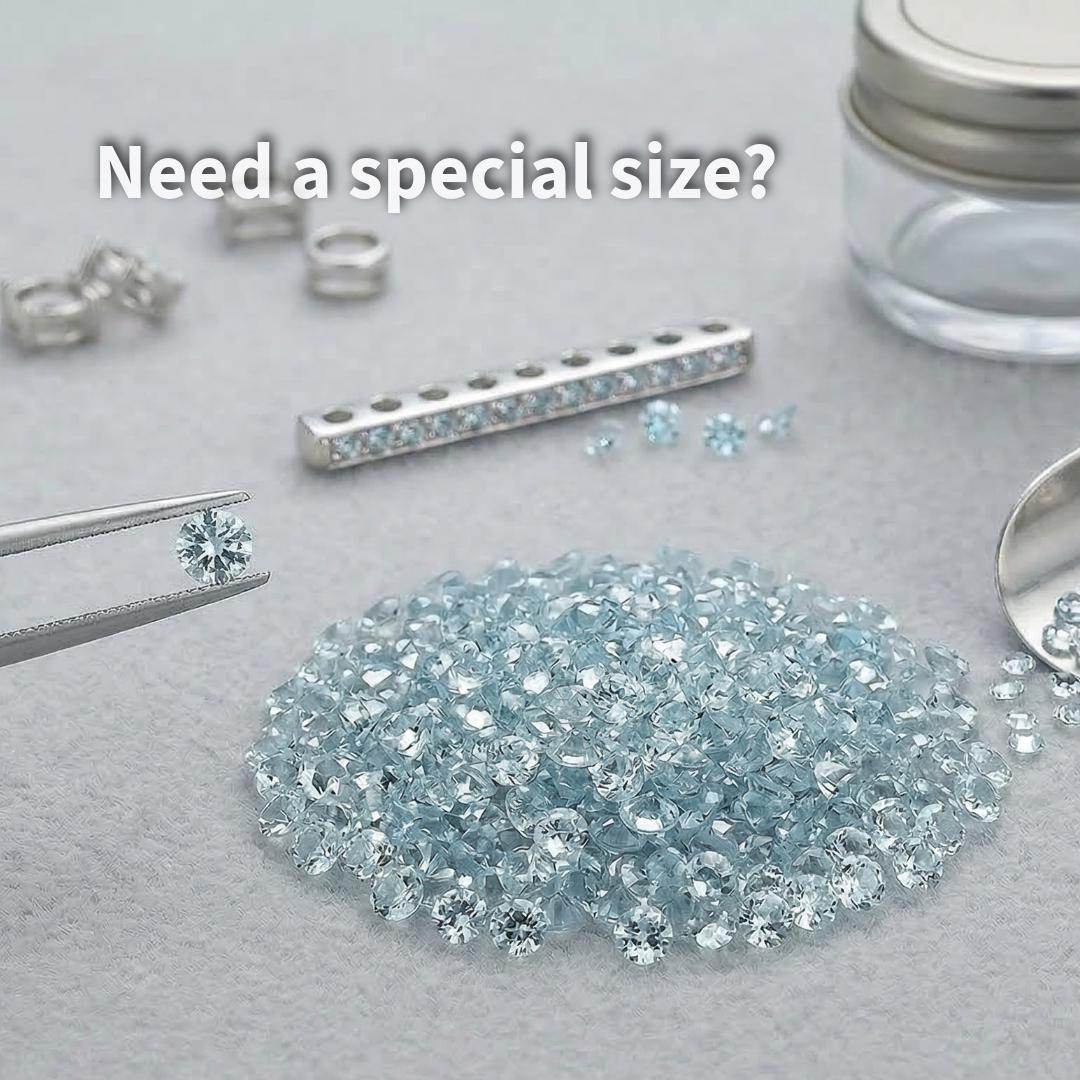 Workbench-style image showing 2 mm lab-grown aquamarine stones beside jewelry tools and a setting bar. One stone is held in tweezers to demonstrate size and clarity. The light blue gemstones appear calibrated and uniform, designed for bench jewelers working on pavé settings, channel settings, and precision stone placement.