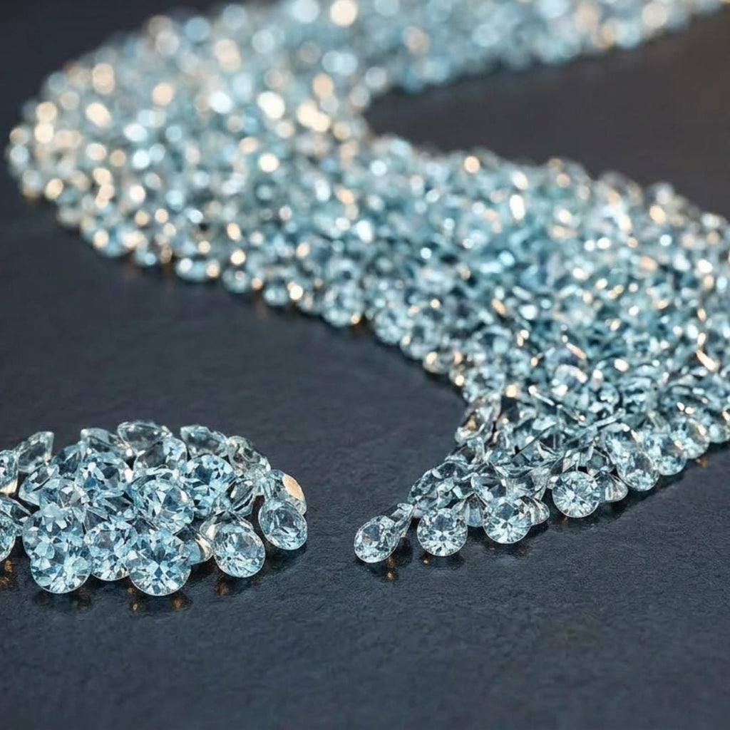 Close-up image of multiple 2 mm lab-grown aquamarine stones clustered together, showing light blue color, clean facets, and consistent round cuts. The gemstones reflect soft light with even brilliance and uniform size, suitable for precision jewelry work such as halos, side stones, and detailed inlay applications.