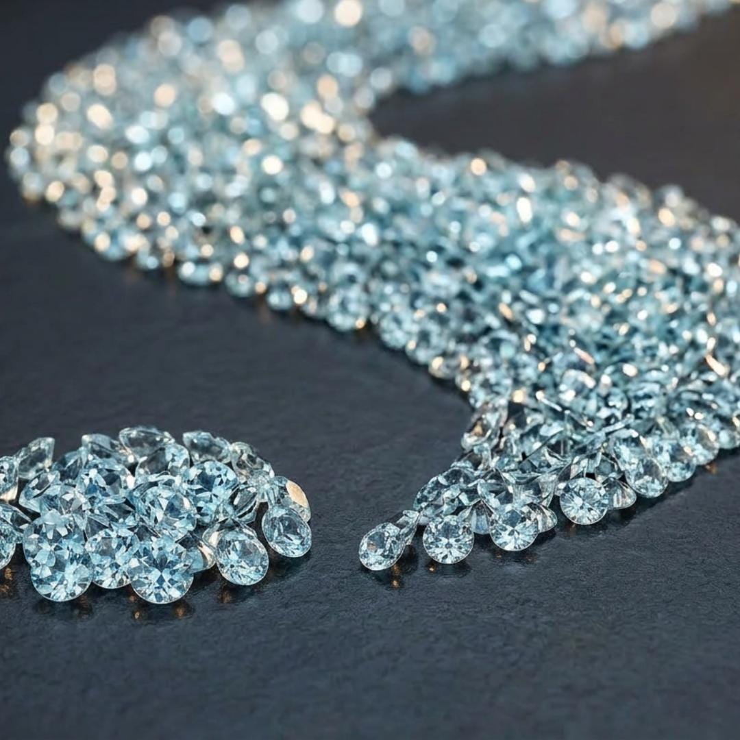 Close-up image of multiple 2 mm lab-grown aquamarine stones clustered together, showing light blue color, clean facets, and consistent round cuts. The gemstones reflect soft light with even brilliance and uniform size, suitable for precision jewelry work such as halos, side stones, and detailed inlay applications.