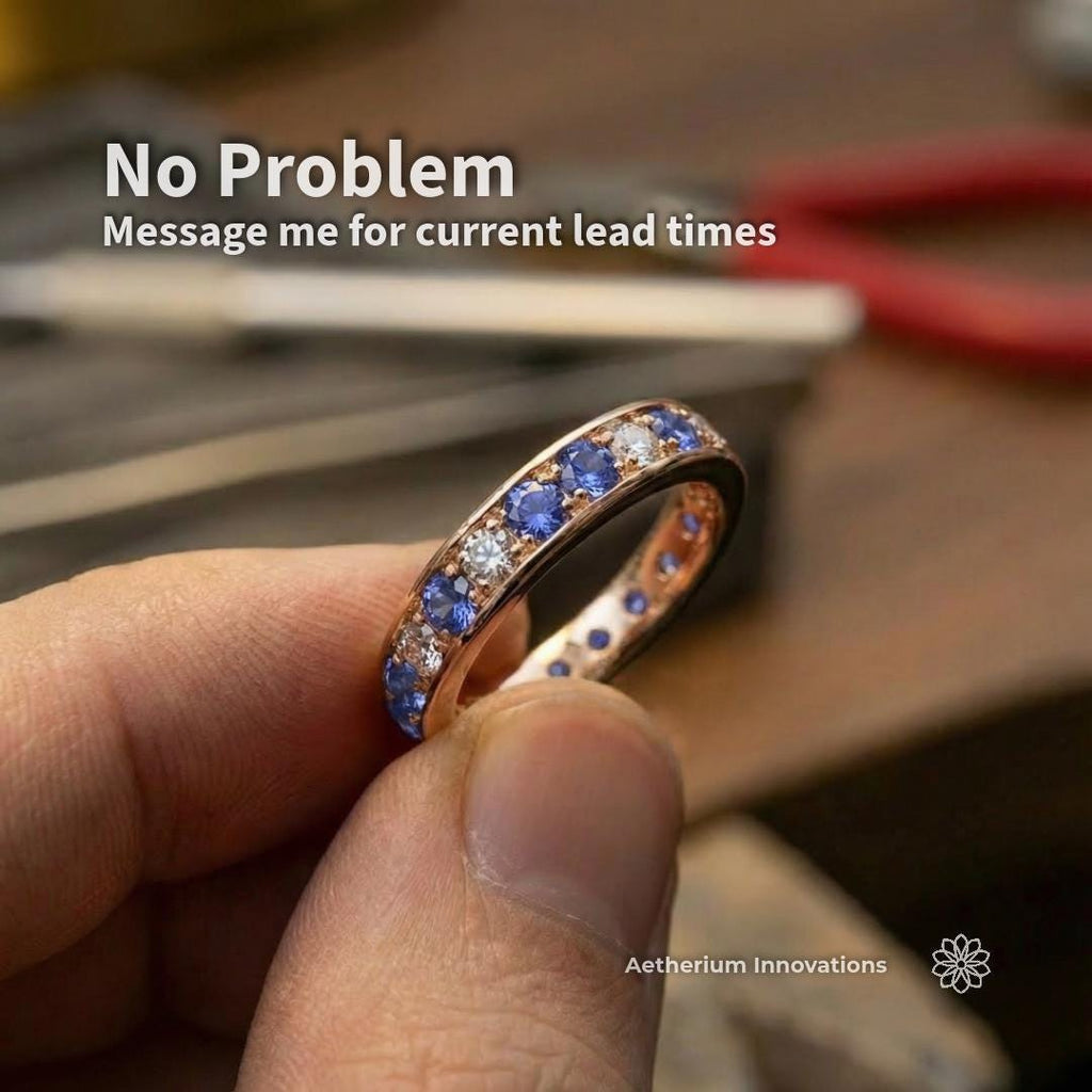 Close-up image of a ring featuring blue kunzite accent stones set alongside clear stones in a band. The 2 mm lab-grown gemstones show a soft blue-violet color and are used in a channel-style setting. Overlay text references custom sizing and lead times, with Aetherium Innovations branding visible in the image.