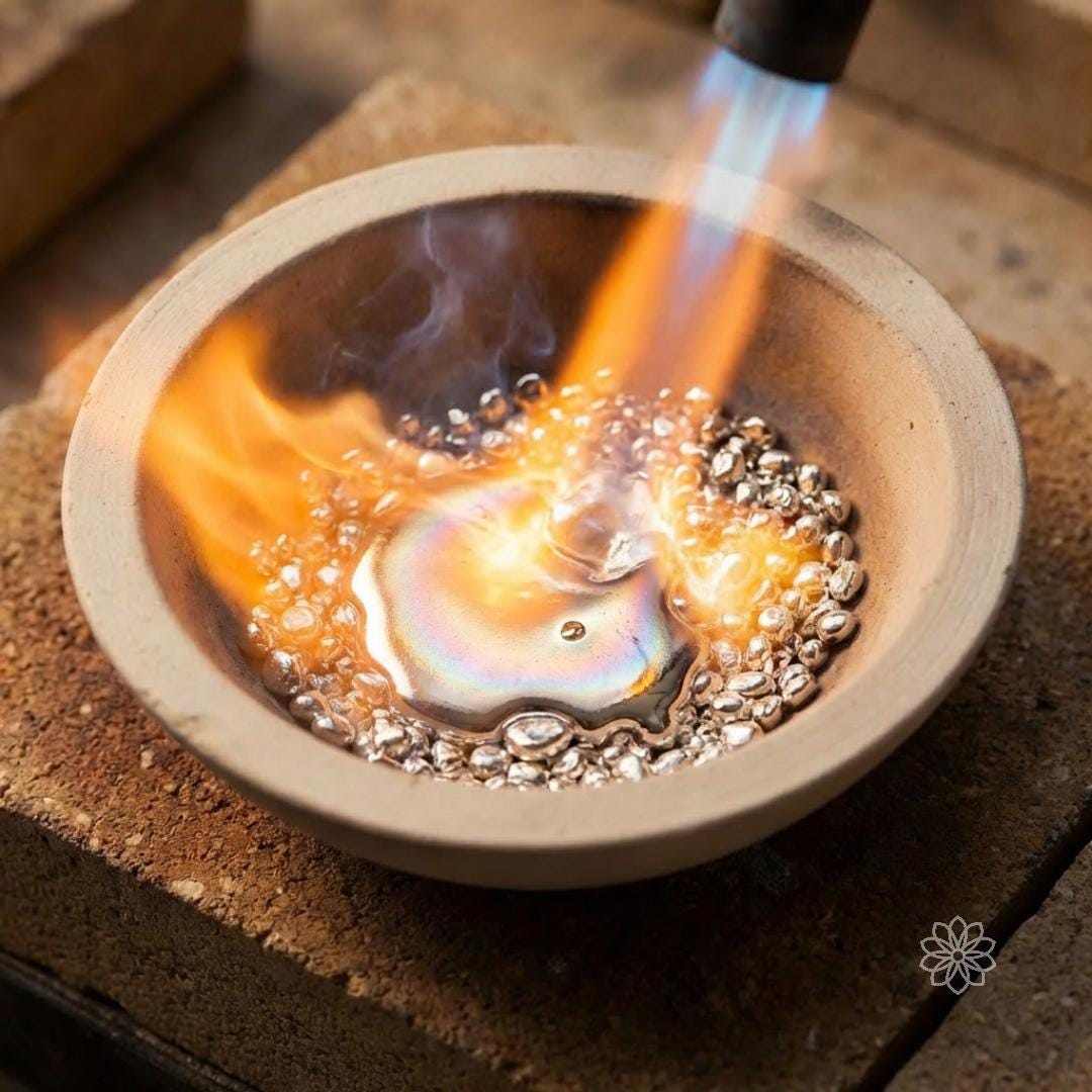 Molten silver is being heated with a torch inside a ceramic crucible during the jewelry making process. Orange flame, liquid metal, and workshop surfaces show the metalworking stage behind this sterling silver ring.