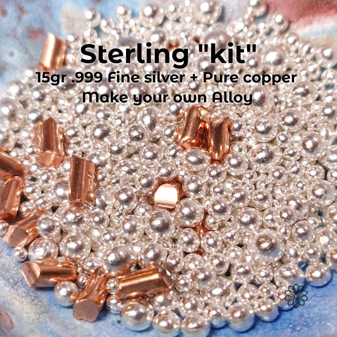 Sterling silver casting kit showing fine silver grain mixed with copper pieces, text overlay reads “Sterling ‘Kit’ 15gr .999 fine silver + pure copper make your own alloy,” illustrating materials used to create .925 sterling during melting for jewelry casting