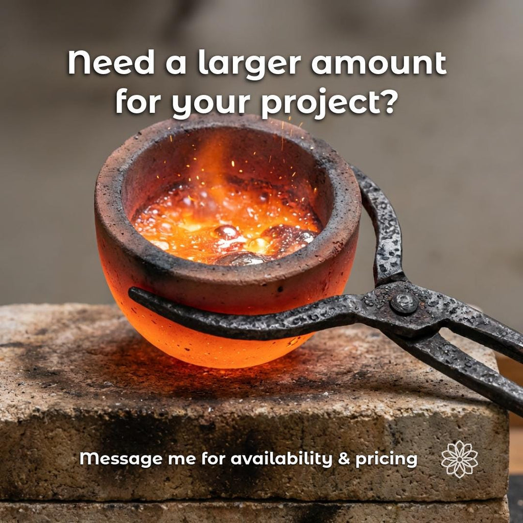 Molten silver inside a glowing ceramic crucible held by metal tongs with bright orange heat and liquid metal surface, text overlay reads “Need a larger amount for your project? Message me for availability & pricing,” indicating custom quantity options for casting silver