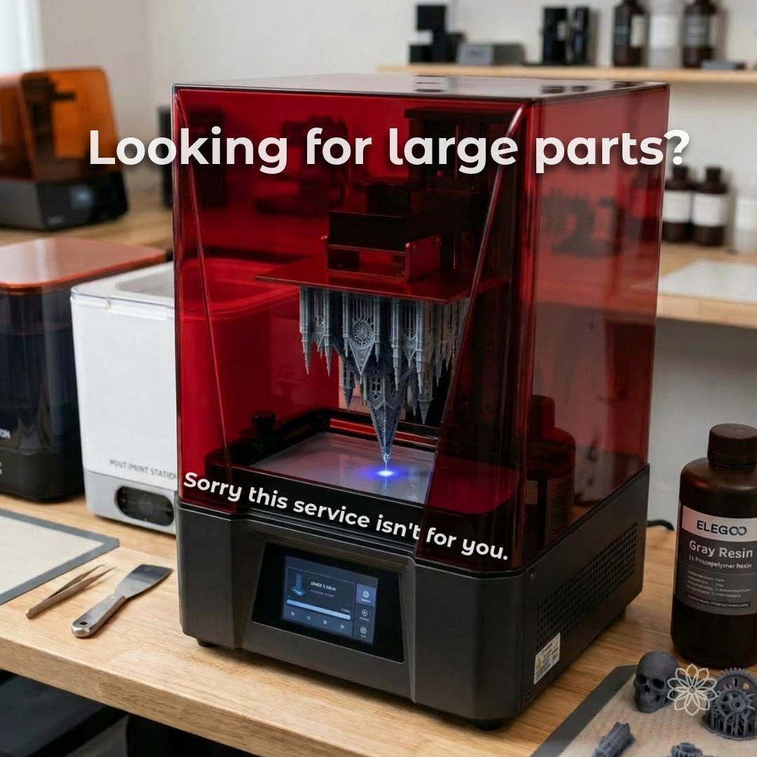 Desktop resin 3D printer with red cover actively printing a suspended high-detail part inside the build chamber. Overlay text indicates service is not intended for large parts. Highlights small build volume constraints and focus on precision resin printing for detailed components rather than large-scale objects.