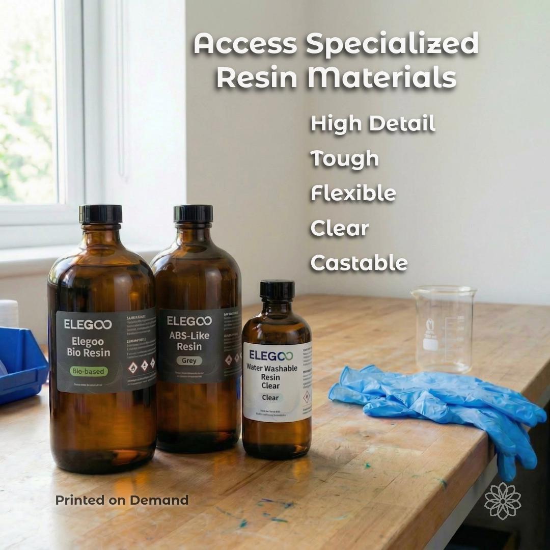 Three bottles of resin materials on a workbench labeled bio-based, ABS-like, and water-washable clear resin. Gloves and lab glassware visible, indicating processing environment. Represents access to multiple resin types including high-detail, tough, flexible, clear, and castable materials for different applications.