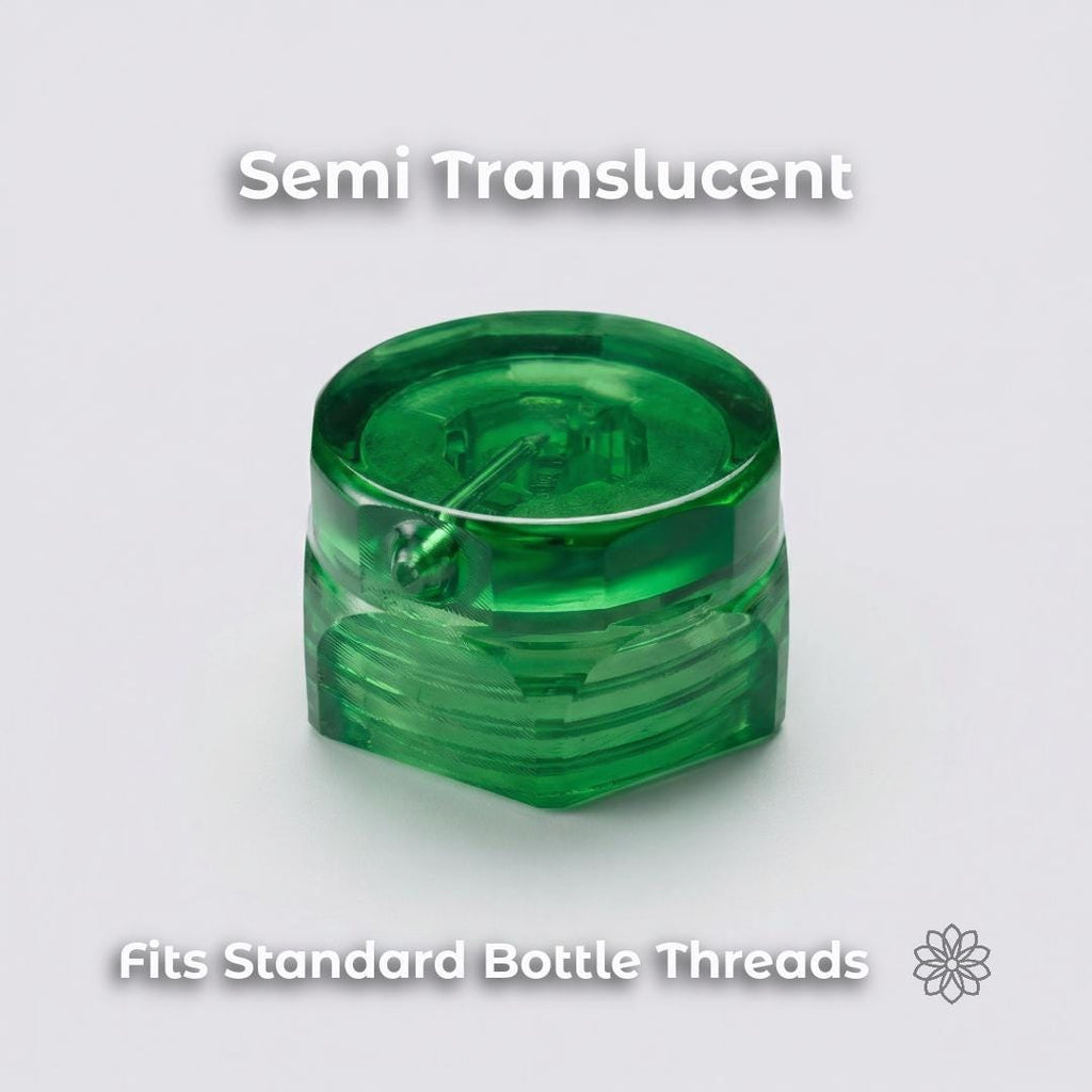 Close-up of translucent green ultralight bidet cap showing internal channel design and threading. Bottle cap rinse nozzle compatible with standard 28mm water bottles. designed for controlled water flow and leak-resistant sealing for backpacking hygiene.