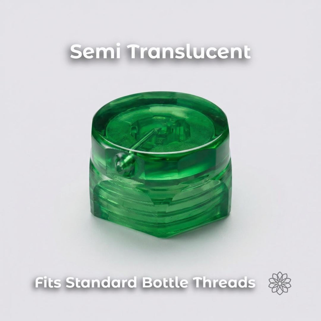 Close-up of translucent green ultralight bidet cap showing internal channel design and threading. Bottle cap rinse nozzle compatible with standard 28mm water bottles. designed for controlled water flow and leak-resistant sealing for backpacking hygiene.