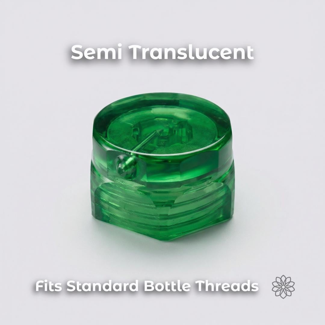 Close-up of translucent green ultralight bidet cap showing internal channel design and threading. Bottle cap rinse nozzle compatible with standard 28mm water bottles. designed for controlled water flow and leak-resistant sealing for backpacking hygiene.