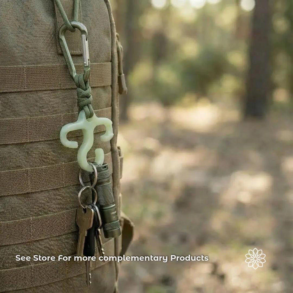 Backpacking gear setup showing ultralight accessories attached to a tactical backpack, including modular camp tools and clip-on gear. Outdoor equipment system designed for ultralight travel, organization, and field-ready functionality for hiking, camping, and backcountry use.