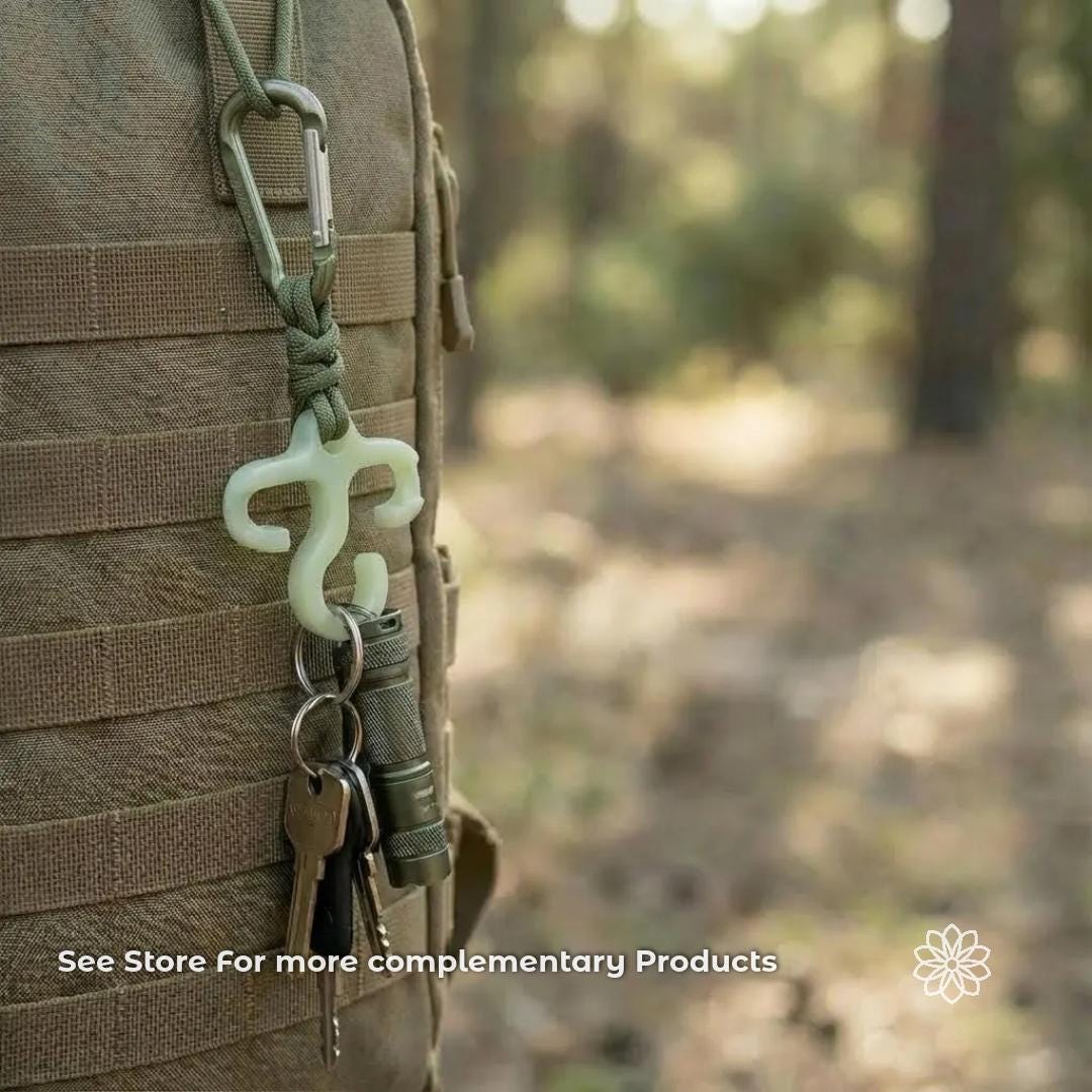 Backpacking gear setup showing ultralight accessories attached to a tactical backpack, including modular camp tools and clip-on gear. Outdoor equipment system designed for ultralight travel, organization, and field-ready functionality for hiking, camping, and backcountry use.