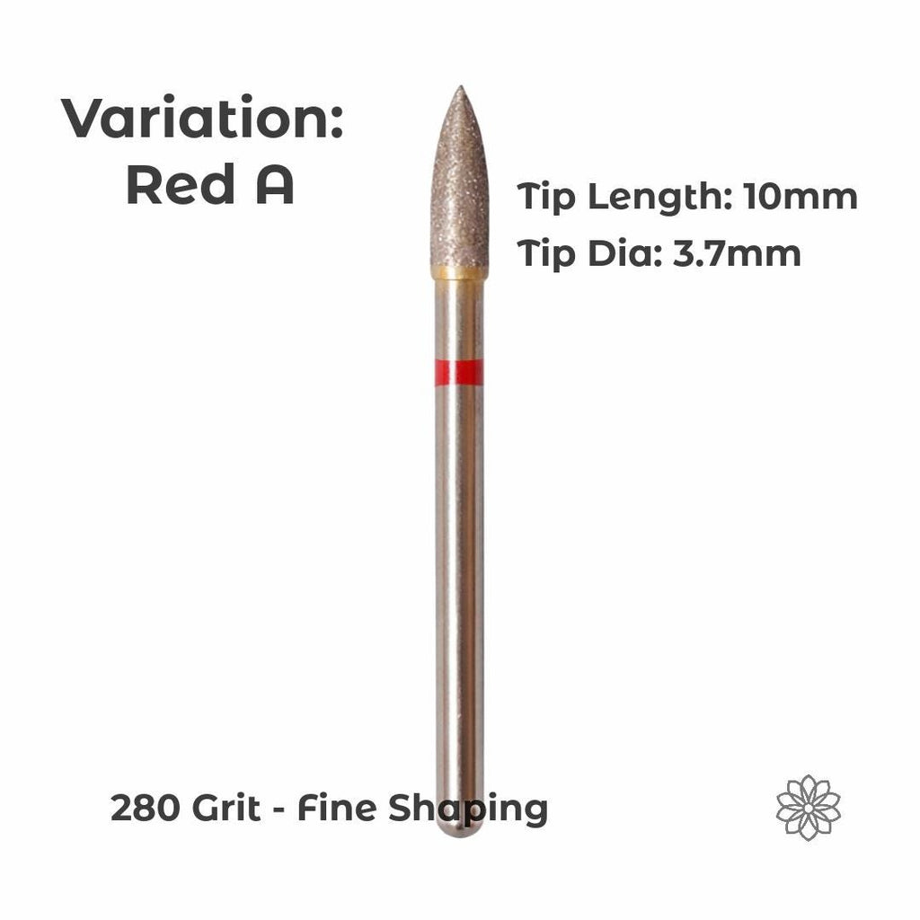 Variation Red A sintered diamond burr with a tapered cone shape, 10mm tip length and 3.7mm diameter, designed for controlled material removal and shaping in stone and metal work, with 280 grit cutting surface suited for establishing form and refining contours.