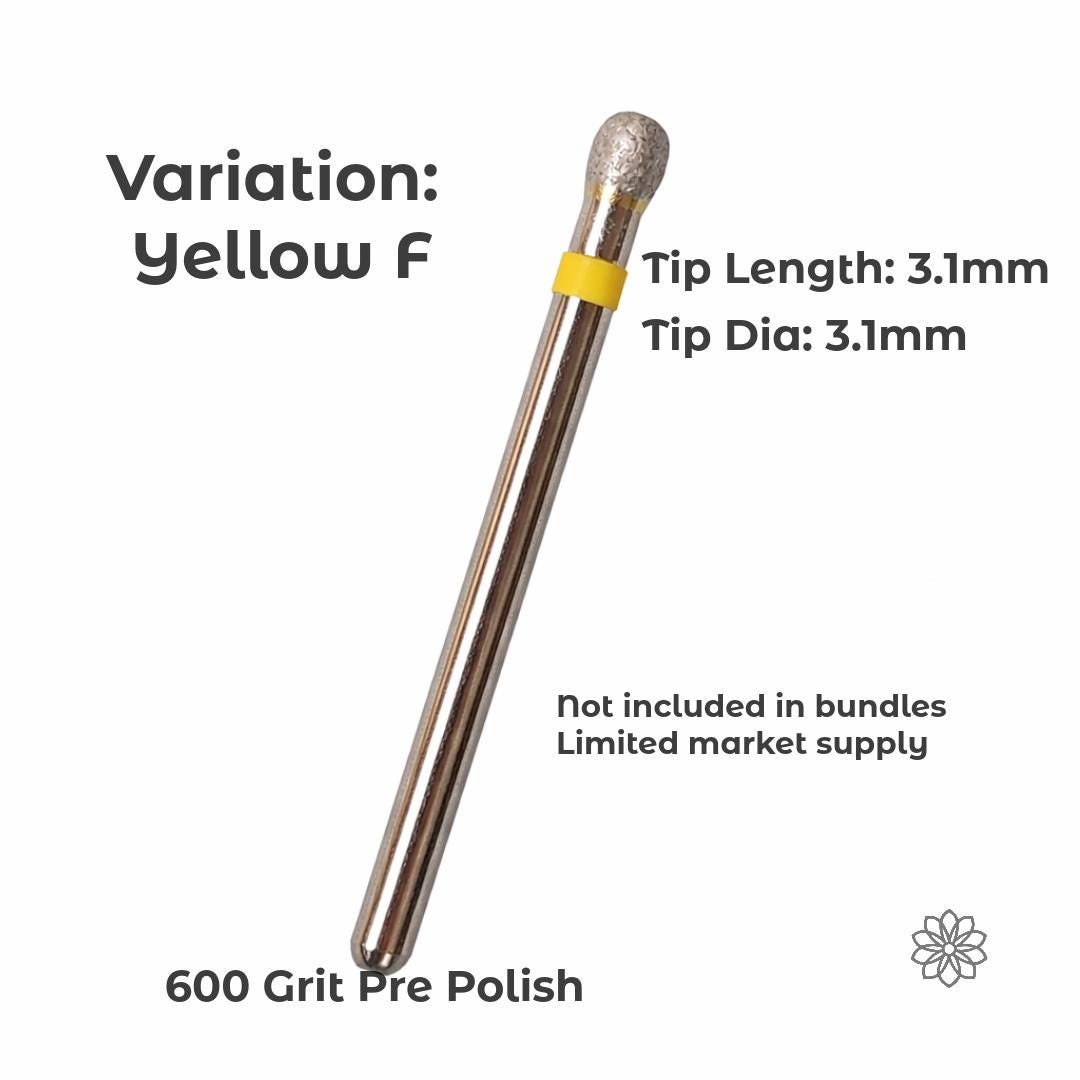 Variation Yellow F sintered diamond micro ball burr with a 3.1mm tip diameter and length, designed for fine detail work, surface blending, and precision refinement in tight areas, noted as limited market supply and not included in standard bundles.