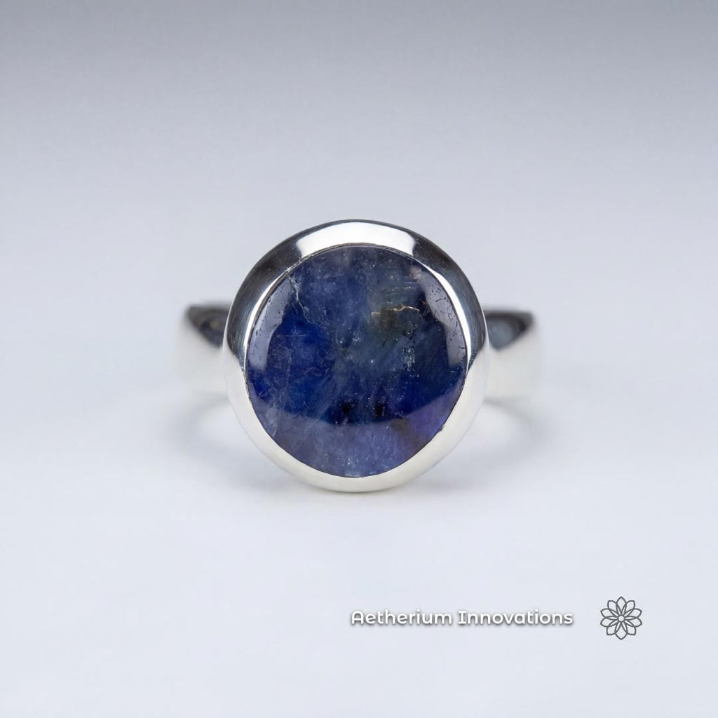 Handcrafted sterling silver ring featuring a polished blue sapphire cabochon, representing the final refined result achievable through controlled shaping and finishing processes using precision diamond burr tools.