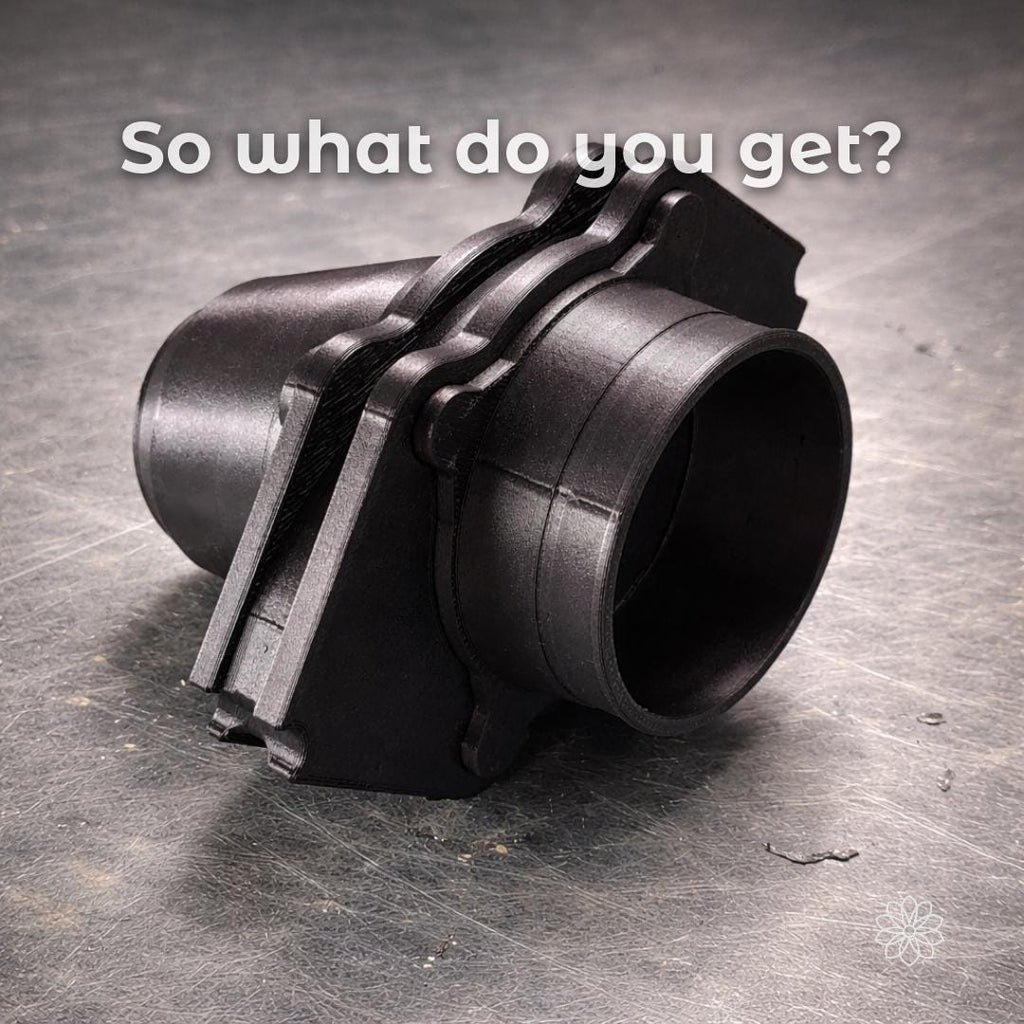 Diesel heater tent port system showing full Tent Link assembly with main housing and duct connection interface, carbon fiber reinforced material with matte black finish, designed as a removable pass-through for rooftop and ground tent heating setups using flexible ducting.