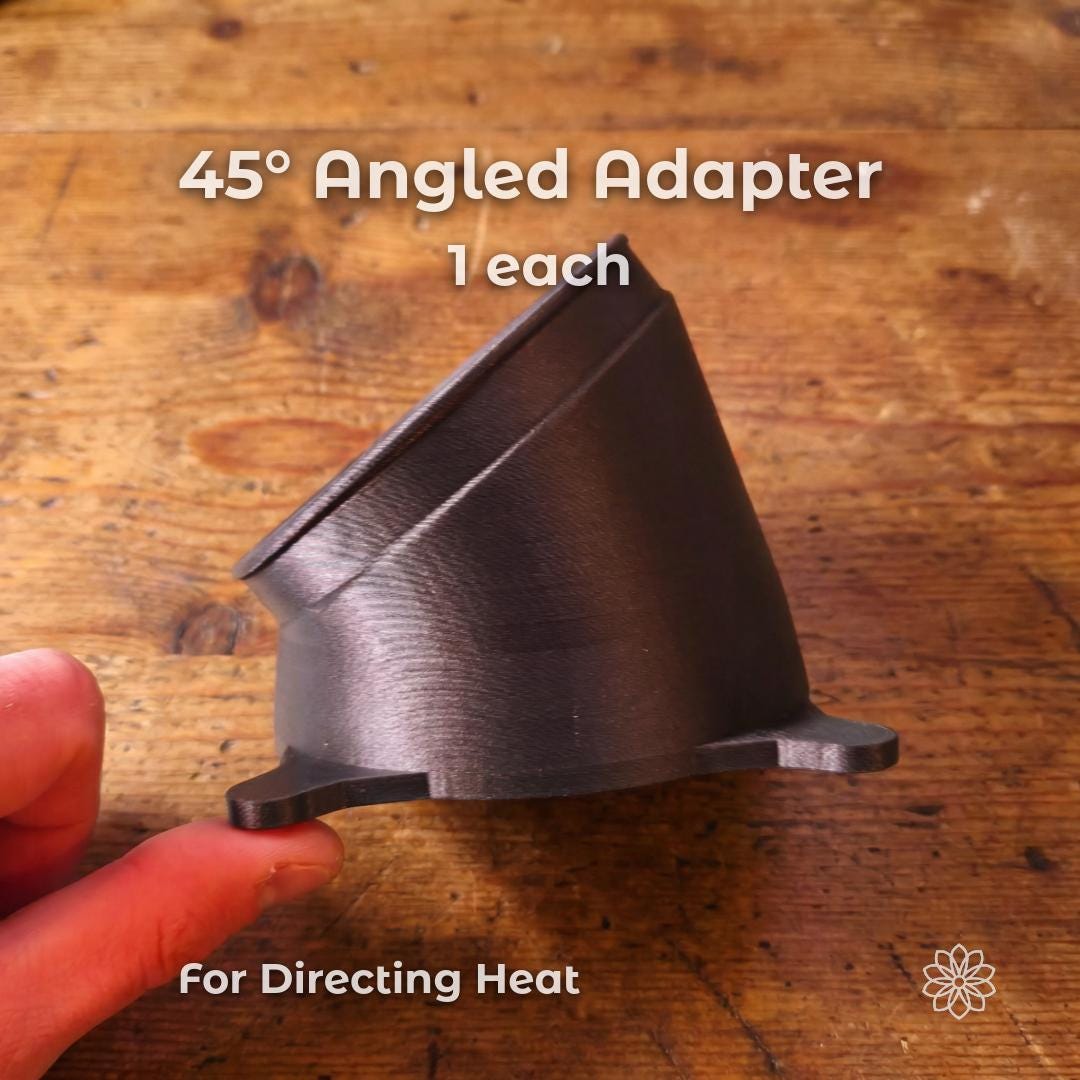 45 degree angled adapter for diesel heater ducting, designed to redirect airflow inside a tent, compact black composite piece with flanged base for attachment, used to control heat direction and improve interior comfort in camping setups.