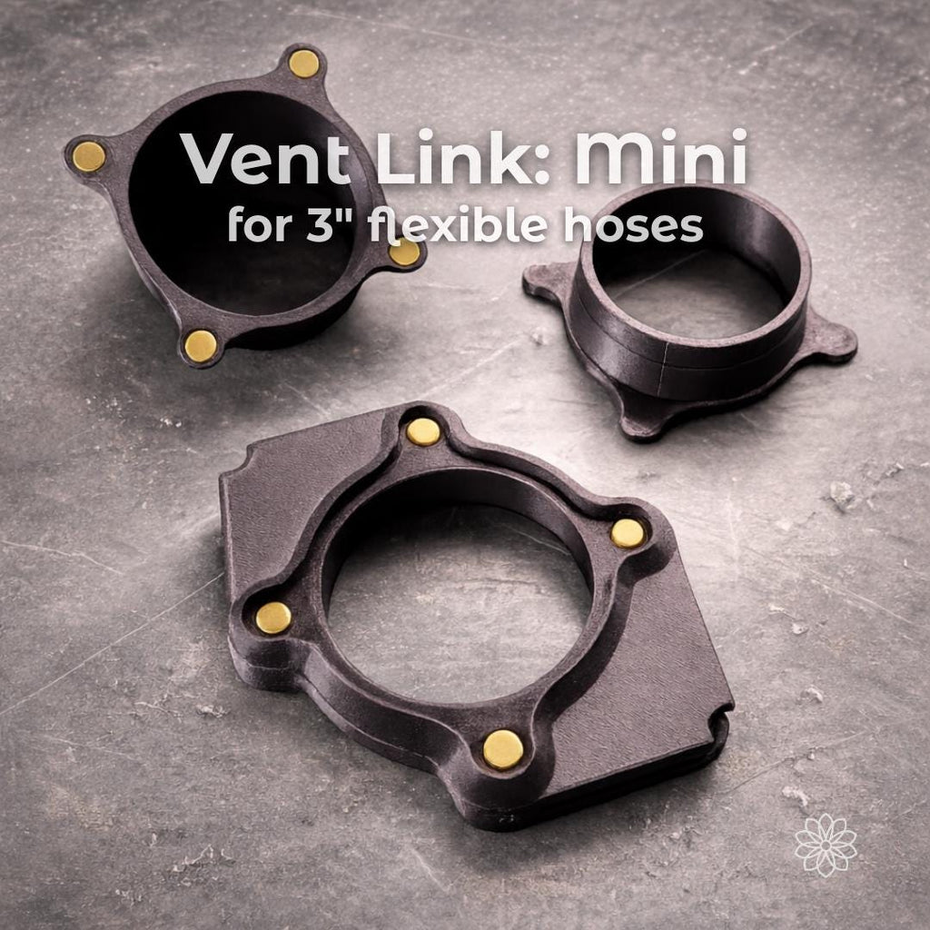 Tent Link Mini heater port components for 3 inch flexible ducting, including main housing and adapter ring with magnetic connection points, compact design for smaller tent heating setups requiring controlled airflow and easy installation.