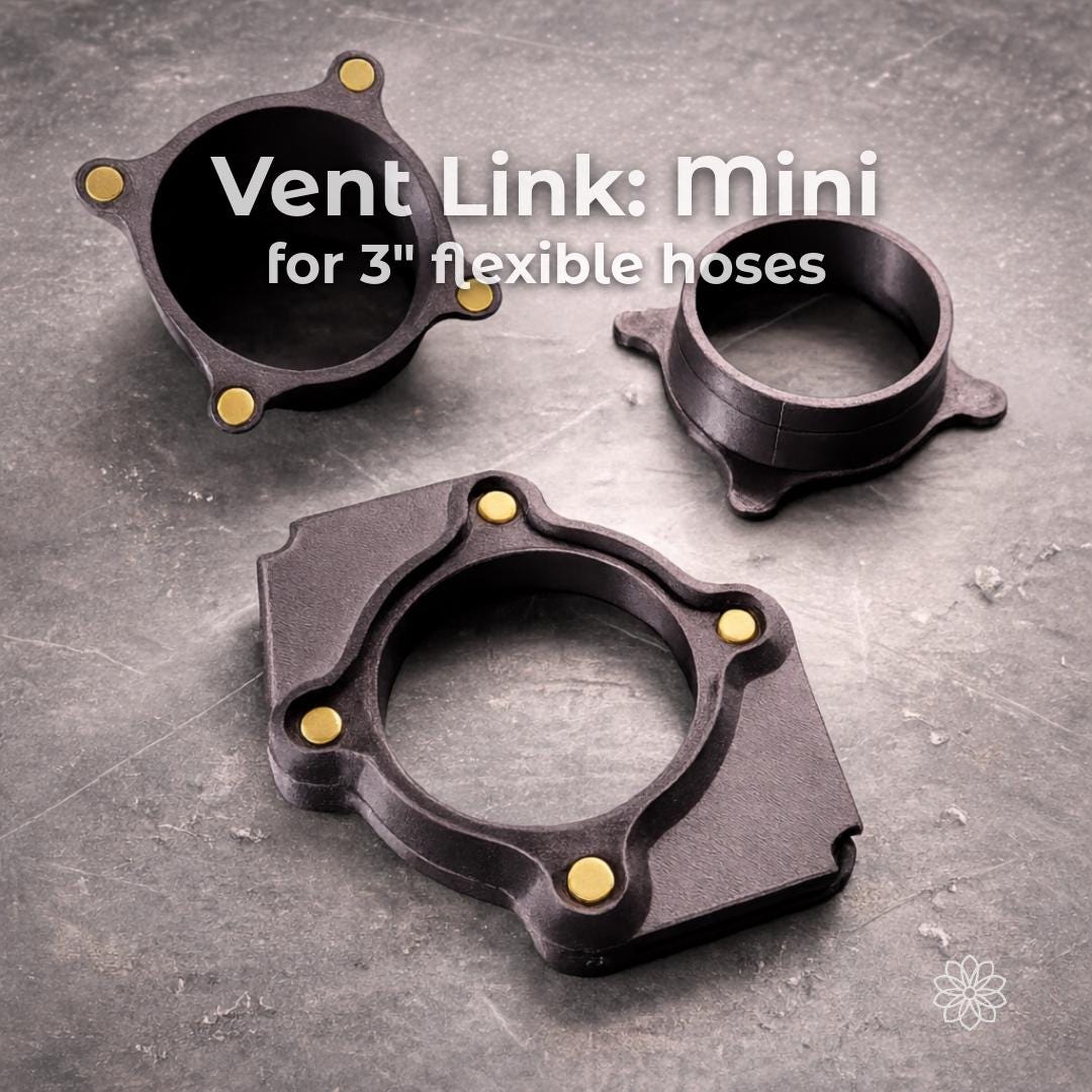 Tent Link Mini heater port components for 3 inch flexible ducting, including main housing and adapter ring with magnetic connection points, compact design for smaller tent heating setups requiring controlled airflow and easy installation.