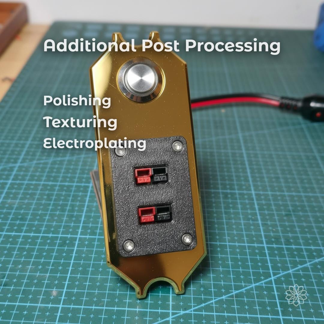 Finished machined component with gold-toned surface placed on cutting mat. Overlay text reads “Additional Post Processing – Polishing, Texturing, Electroplating.” Demonstrates secondary finishing options that enhance surface quality, durability, and visual appearance after CNC machining.