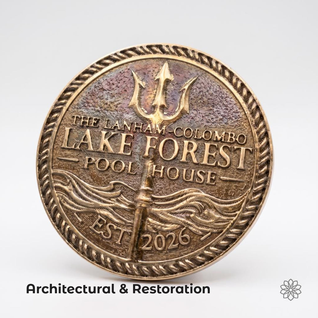 Machined brass medallion with raised lettering and textured background reading “The Lanham Colombo Lake Forest Pool House Est. 2026.” Overlay text reads “Architectural & Restoration.” Detailed engraving and aged finish demonstrate capability for custom plaques, restoration parts, signage, and historically styled metal work.