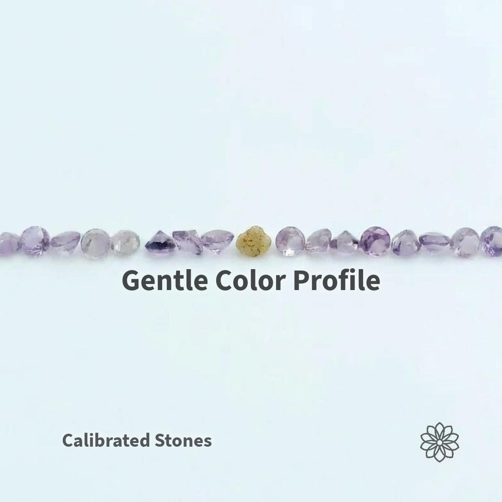 Calibrated alexandrite gemstones arranged in a straight line on a clean white background, showing a gentle color profile with soft lavender and pale violet tones under neutral lighting. Mixed faceted shapes and sizes highlight precision sorting, consistency, and suitability for jewelry making and matched stone sets.