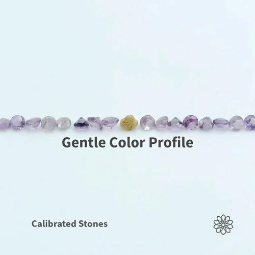 Calibrated alexandrite gemstones arranged in a straight line on a clean white background