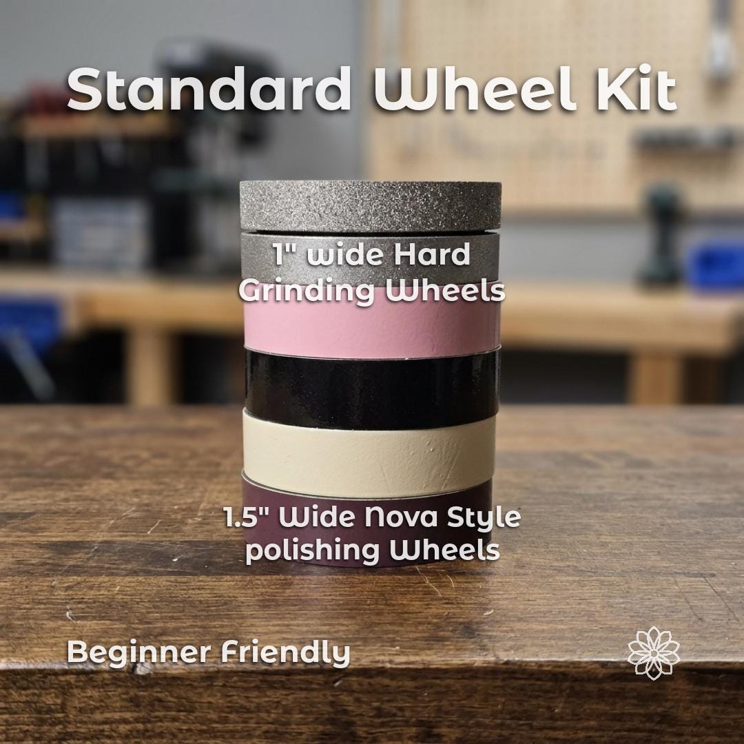 Standard lapidary wheel kit with stacked 1 inch hard grinding wheels and 1.5 inch Nova style polishing wheels, abrasive set for shaping and polishing gemstones, beginner friendly setup for lapidary artists and jewelry makers using cabbing machines