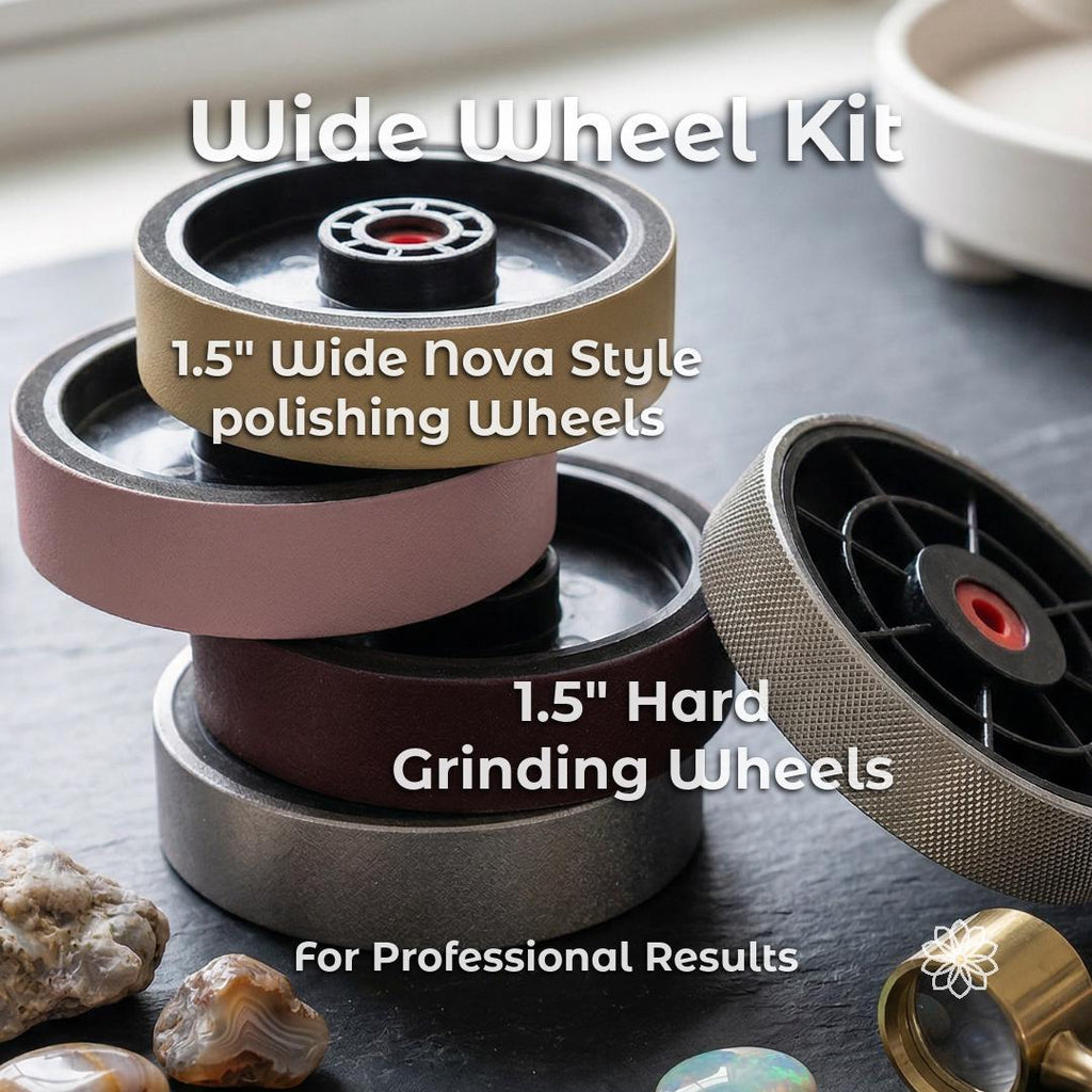 Wide lapidary wheel kit featuring 1.5 inch hard grinding wheels and Nova style polishing wheels, abrasive system for professional gemstone shaping and polishing, designed for lapidary machines and jewelry makers seeking high finish results