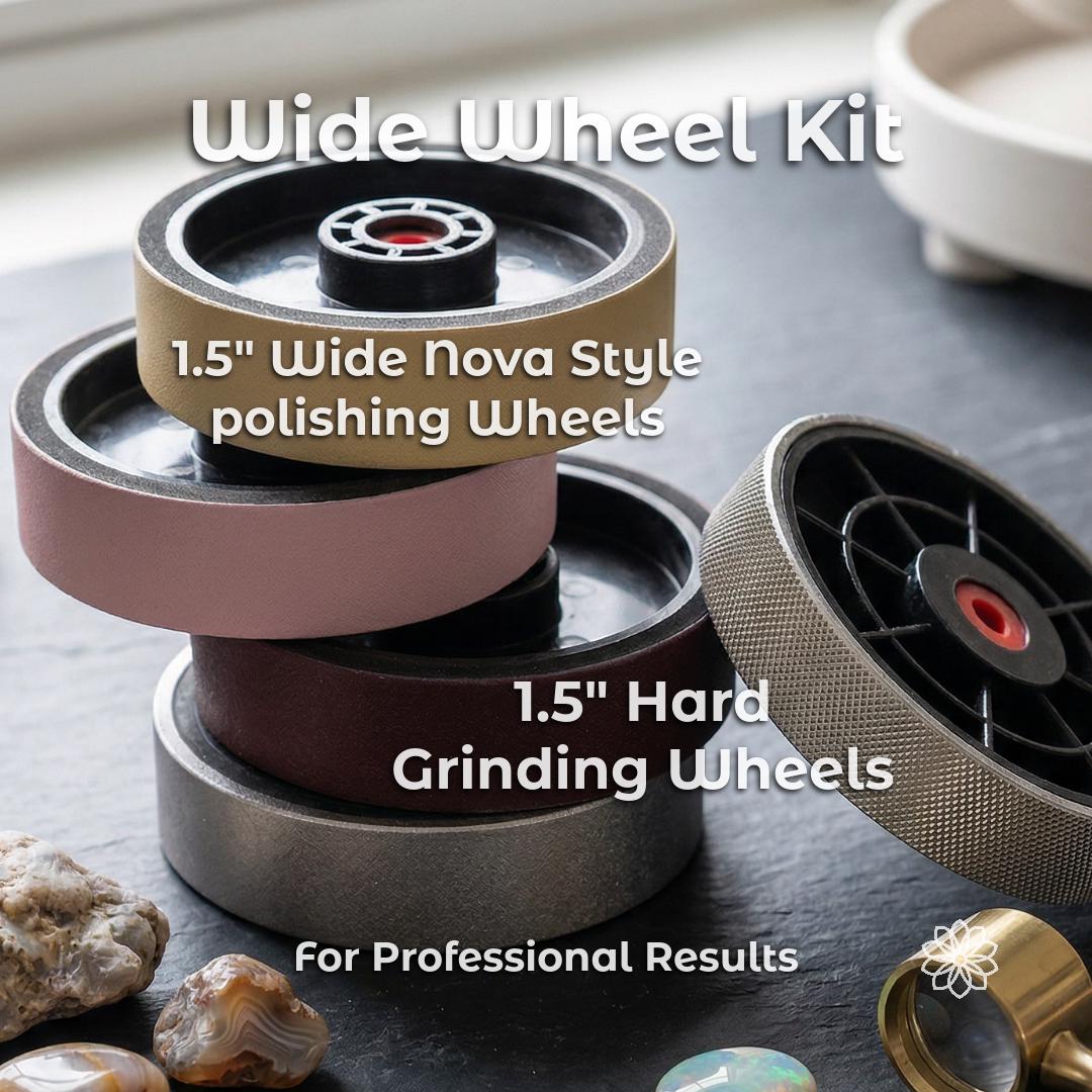 Wide lapidary wheel kit featuring 1.5 inch hard grinding wheels and Nova style polishing wheels, abrasive system for professional gemstone shaping and polishing, designed for lapidary machines and jewelry makers seeking high finish results