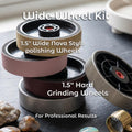 Wide lapidary wheel kit featuring 1.5 inch hard grinding wheels and Nova style polishing wheels