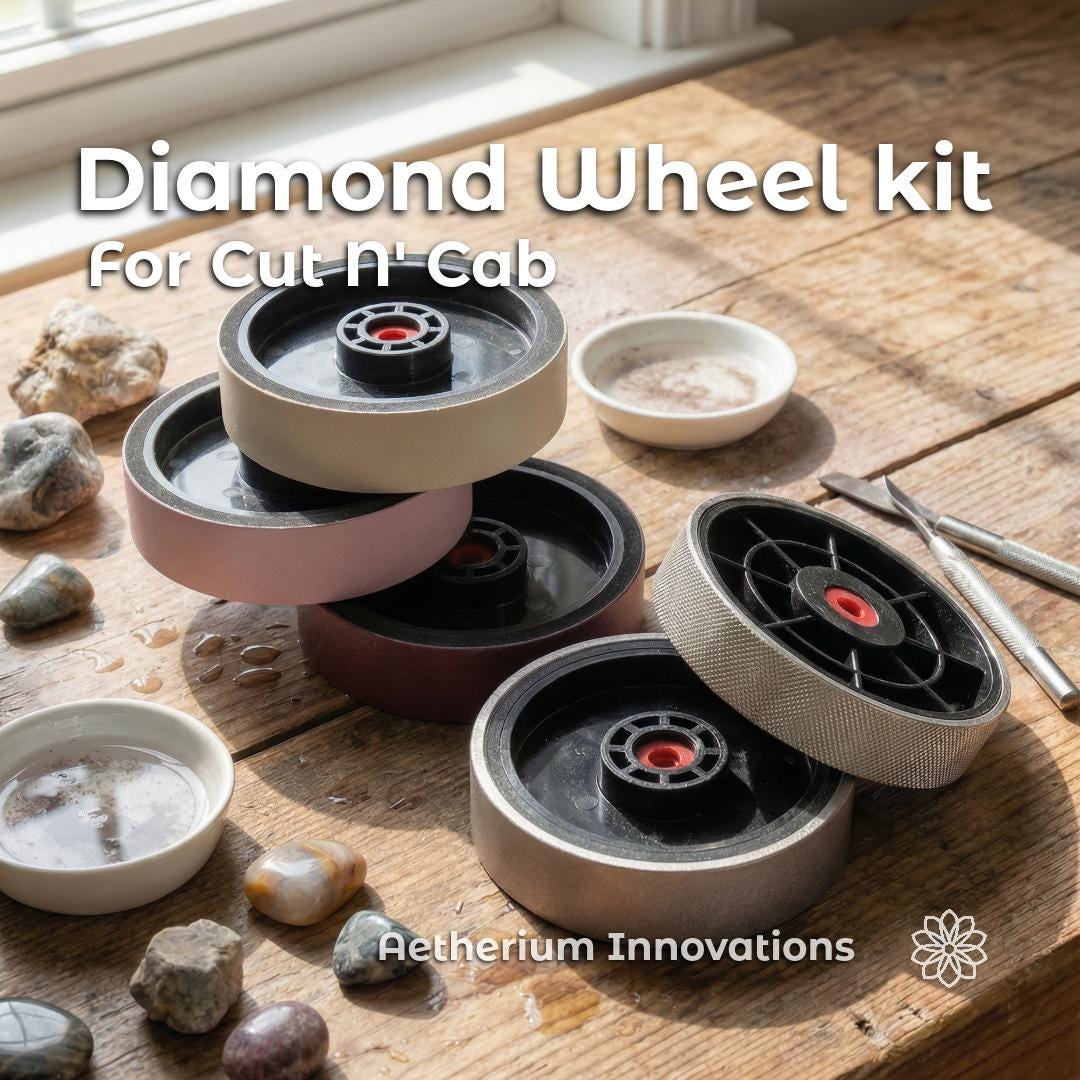 Diamond wheel kit for Cut n Cab machine with stacked grinding and polishing wheels on wooden workbench, diamond grinding wheel and resin polishing wheels for gemstone shaping, used by lapidary artists and jewelry makers, surrounded by rough stones and carving tools