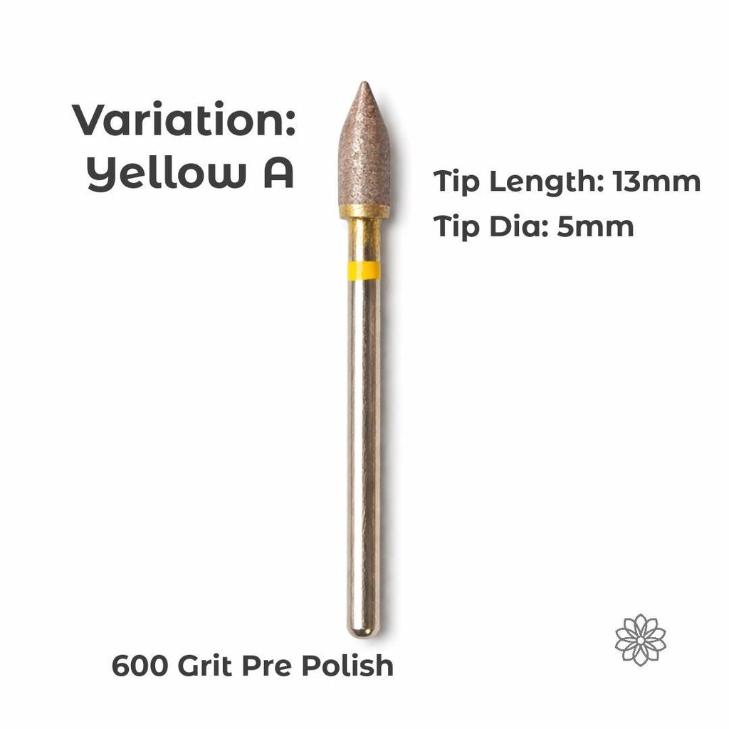 Variation Yellow A sintered diamond burr with a tapered cone shape, 13mm tip length and 5mm diameter, designed for controlled material removal and blending in stone carving and metal shaping, with 600 grit pre-polish surface for smoothing transitions and refining contours.